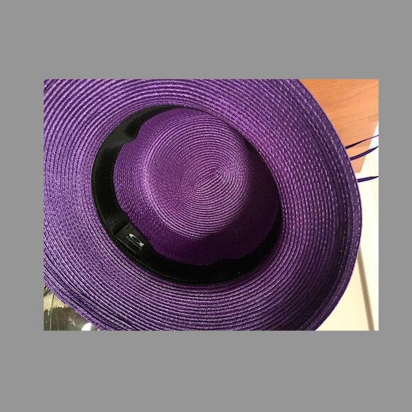 August Purple medium down-turn brim  hat with flowers & feather details on top